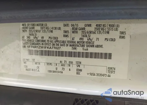 2015 Ford Transit-250 из США, поврежденный, VIN 1FTNR1ZM1FKA77027